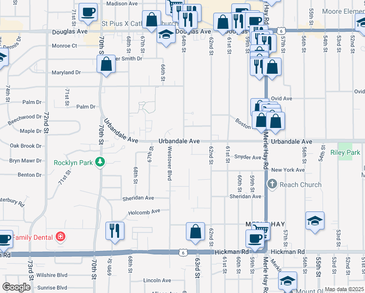map of restaurants, bars, coffee shops, grocery stores, and more near 6400 Urbandale Avenue in Des Moines