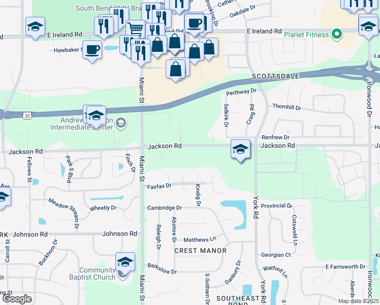 map of restaurants, bars, coffee shops, grocery stores, and more near 1302 Jackson Road in South Bend
