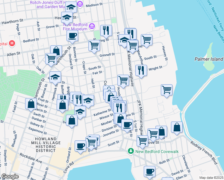 map of restaurants, bars, coffee shops, grocery stores, and more near 194 County Street in New Bedford