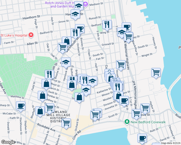 map of restaurants, bars, coffee shops, grocery stores, and more near 47 Crapo Street in New Bedford