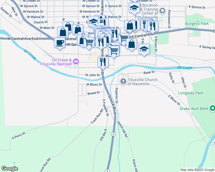 map of restaurants, bars, coffee shops, grocery stores, and more near 50549 East Bloss Street in Titusville