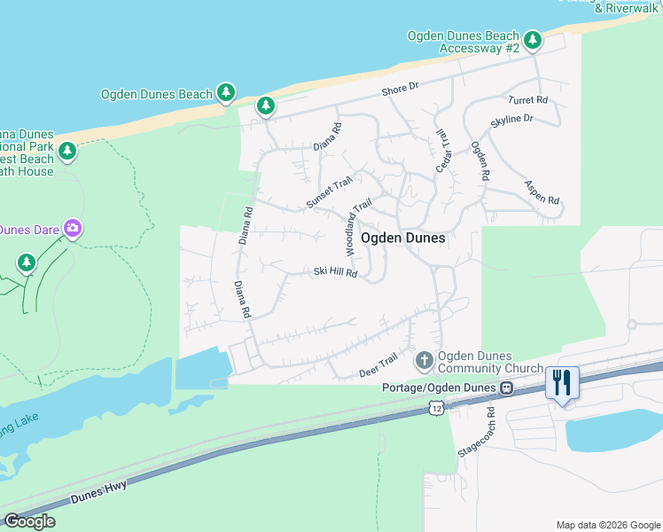 map of restaurants, bars, coffee shops, grocery stores, and more near 66 Ski Hill Road in Ogden Dunes
