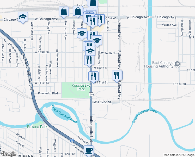 map of restaurants, bars, coffee shops, grocery stores, and more near 5032 Olcott Avenue in East Chicago