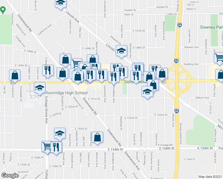 map of restaurants, bars, coffee shops, grocery stores, and more near 15020 Woodlawn Avenue East in Dolton
