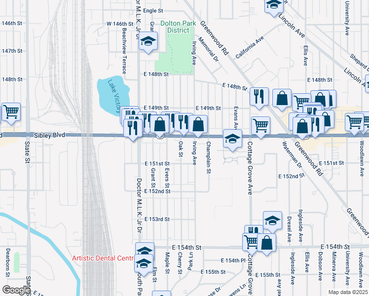 map of restaurants, bars, coffee shops, grocery stores, and more near 15010 Irving Avenue in Dolton