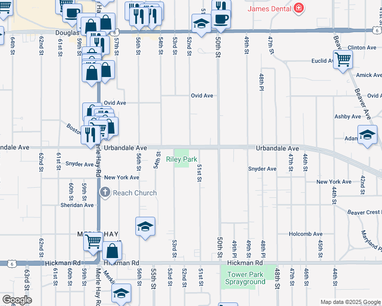 map of restaurants, bars, coffee shops, grocery stores, and more near 5202 Urbandale Avenue in Des Moines