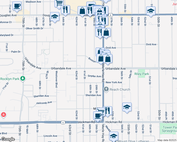 map of restaurants, bars, coffee shops, grocery stores, and more near 6036 Urbandale Avenue in Des Moines