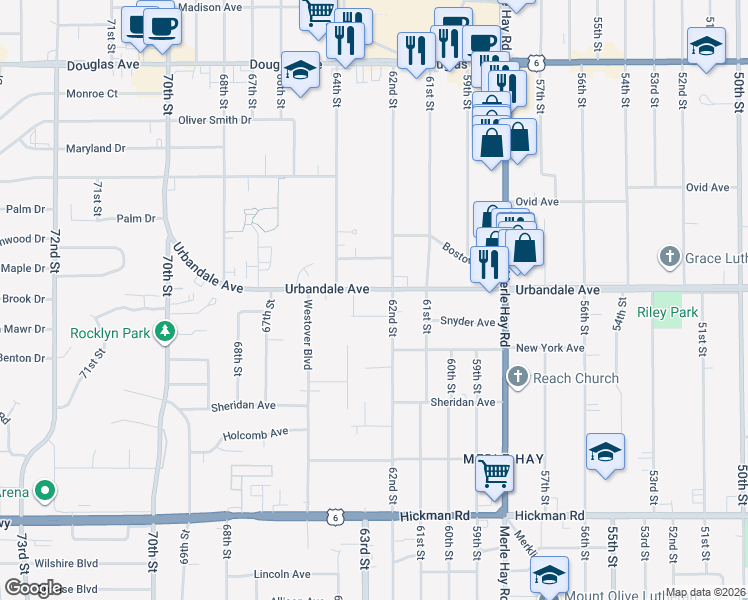 map of restaurants, bars, coffee shops, grocery stores, and more near 6218 Urbandale Avenue in Des Moines