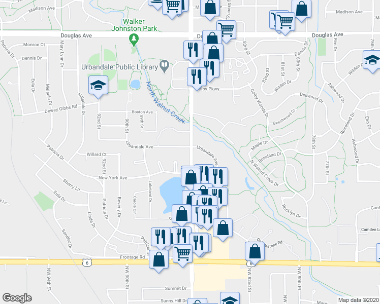 map of restaurants, bars, coffee shops, grocery stores, and more near 2920 Northwest 86th Street in Urbandale