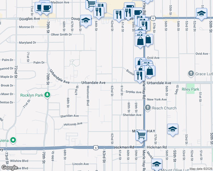 map of restaurants, bars, coffee shops, grocery stores, and more near 6218 Urbandale Avenue in Des Moines