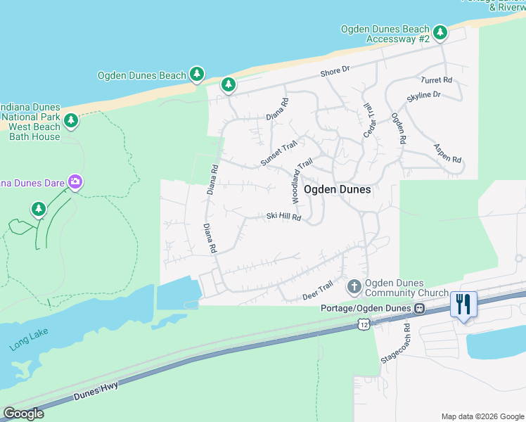 map of restaurants, bars, coffee shops, grocery stores, and more near 66 Ski Hill Road in Ogden Dunes