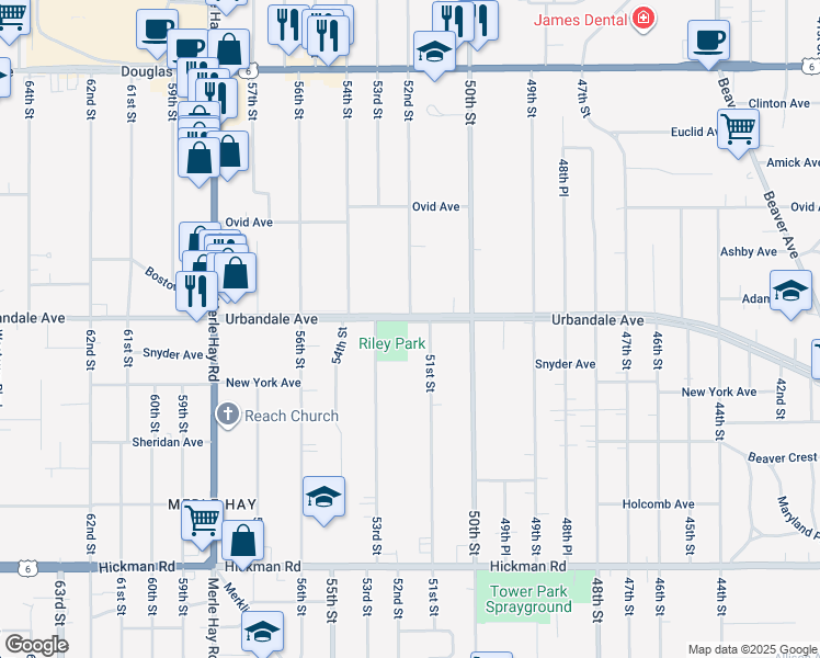 map of restaurants, bars, coffee shops, grocery stores, and more near 5202 Urbandale Avenue in Des Moines