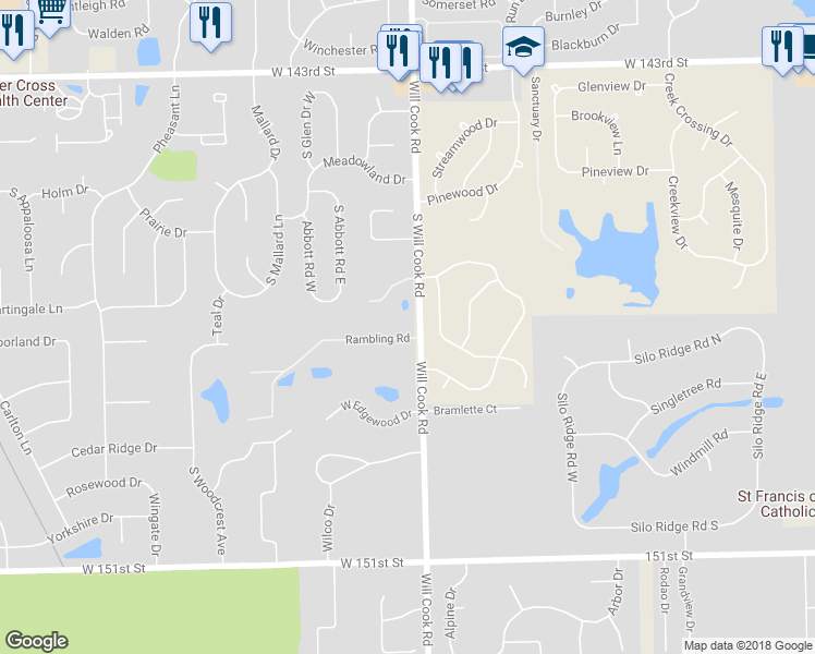 map of restaurants, bars, coffee shops, grocery stores, and more near 12012 Rambling Road in Homer Glen