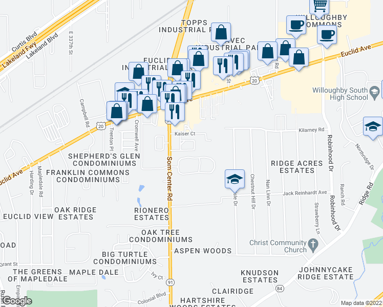 map of restaurants, bars, coffee shops, grocery stores, and more near 35049 North Turtle Trail in Willoughby