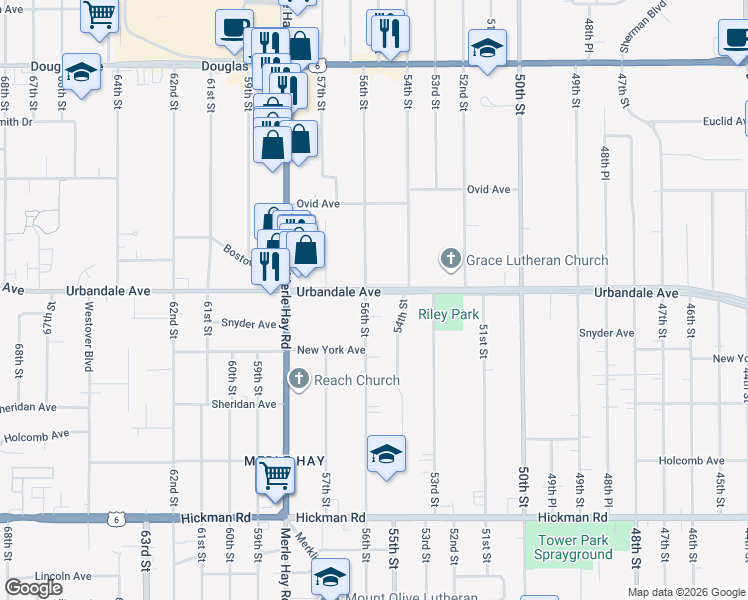 map of restaurants, bars, coffee shops, grocery stores, and more near 2931 56th Street in Des Moines