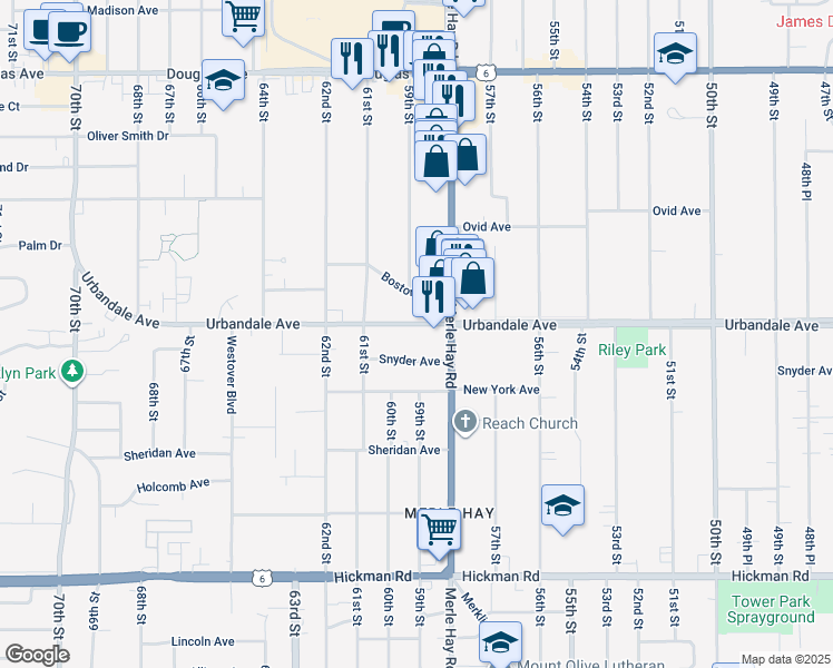 map of restaurants, bars, coffee shops, grocery stores, and more near 5826 Urbandale Avenue in Des Moines