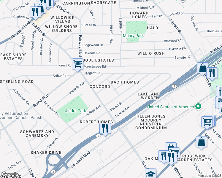 map of restaurants, bars, coffee shops, grocery stores, and more near 29967 Warren Road in Wickliffe