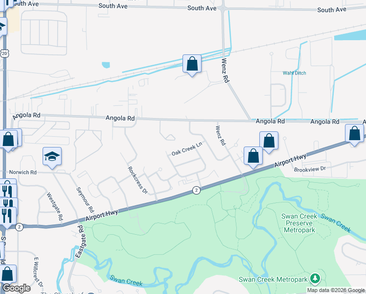 map of restaurants, bars, coffee shops, grocery stores, and more near 4424 Oak Creek Lane in Toledo