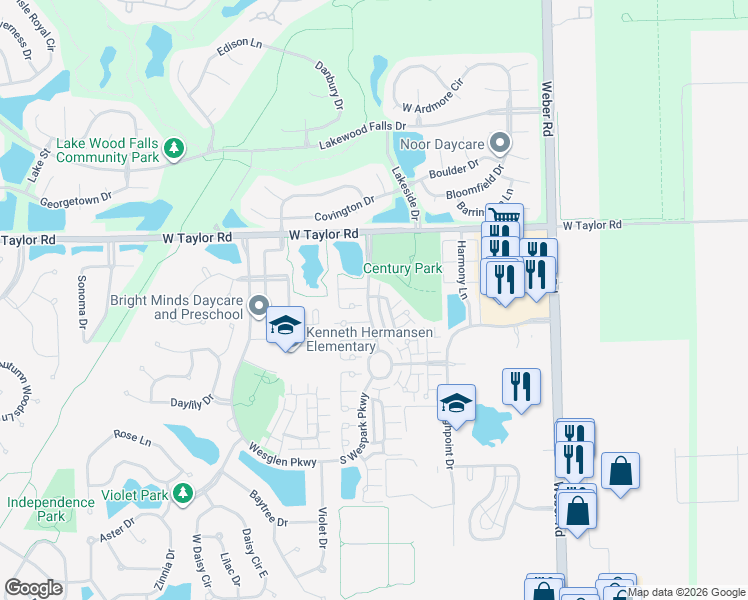 map of restaurants, bars, coffee shops, grocery stores, and more near 31 Freesia Drive in Romeoville
