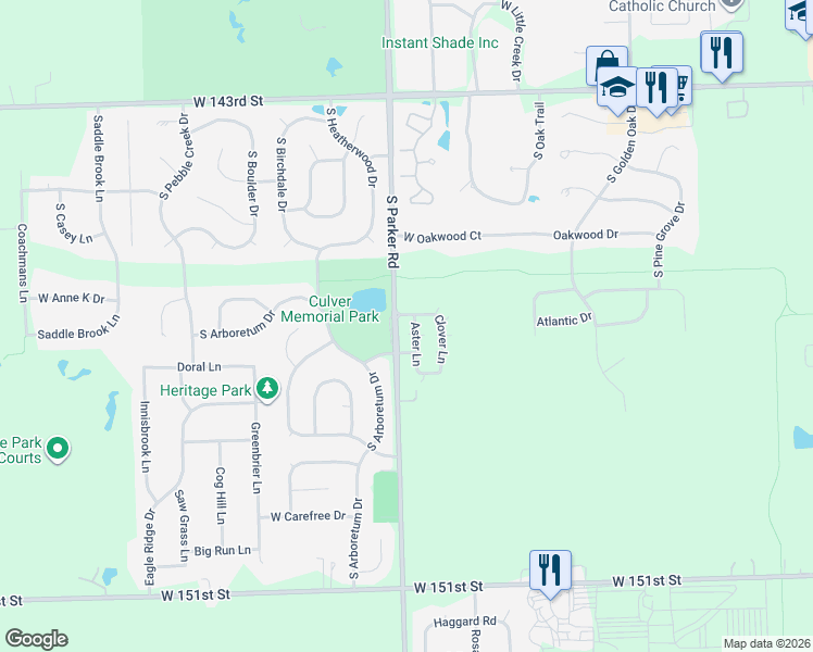 map of restaurants, bars, coffee shops, grocery stores, and more near 14640 Aster Lane in Homer Glen