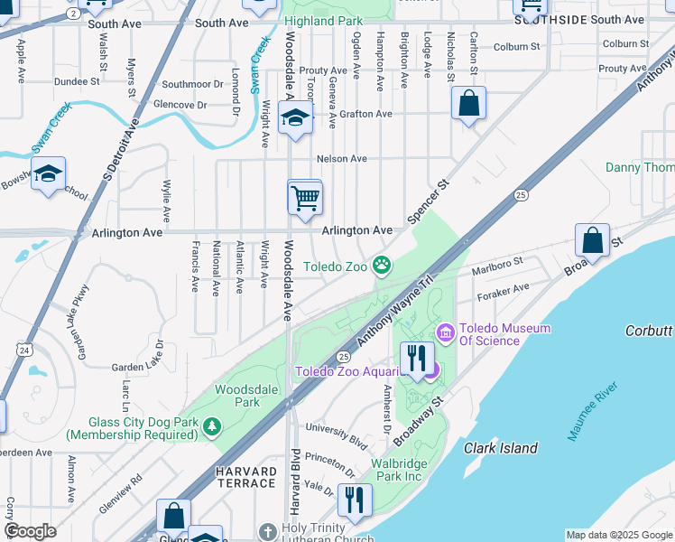 map of restaurants, bars, coffee shops, grocery stores, and more near 950 Geneva Avenue in Toledo