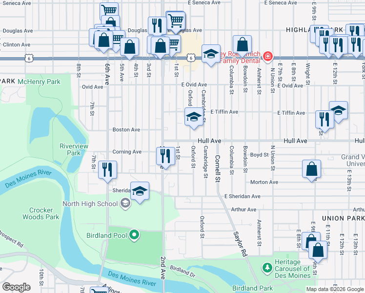 map of restaurants, bars, coffee shops, grocery stores, and more near 119 Hull Avenue in Des Moines