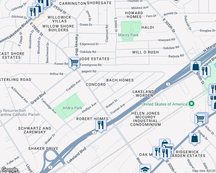 map of restaurants, bars, coffee shops, grocery stores, and more near 29967 Warren Road in Wickliffe