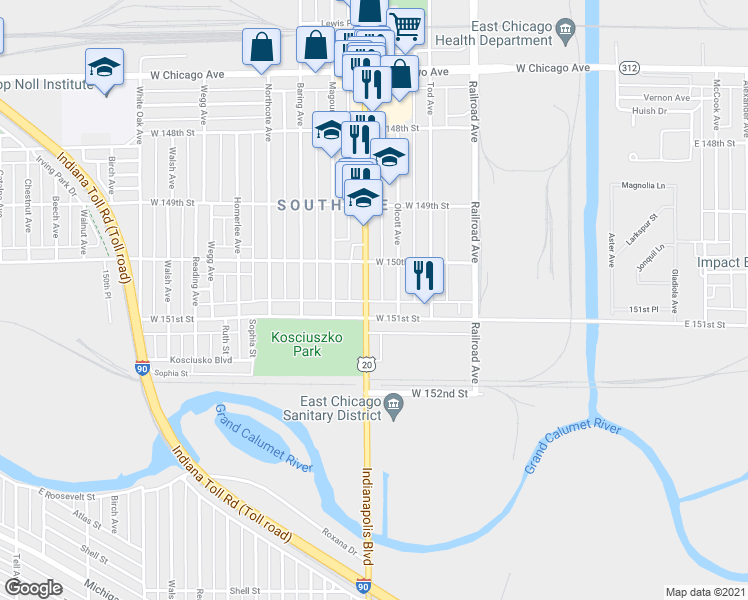 map of restaurants, bars, coffee shops, grocery stores, and more near 5033 U.S. 20 in East Chicago