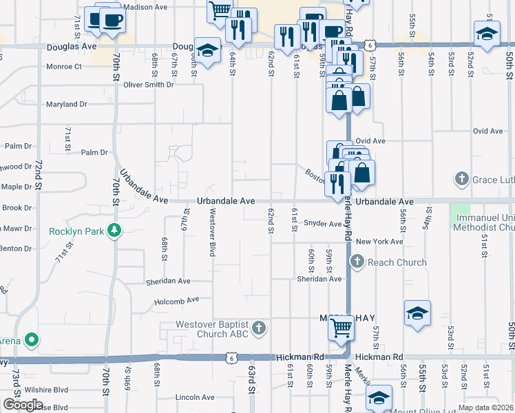 map of restaurants, bars, coffee shops, grocery stores, and more near 6218 Urbandale Avenue in Des Moines