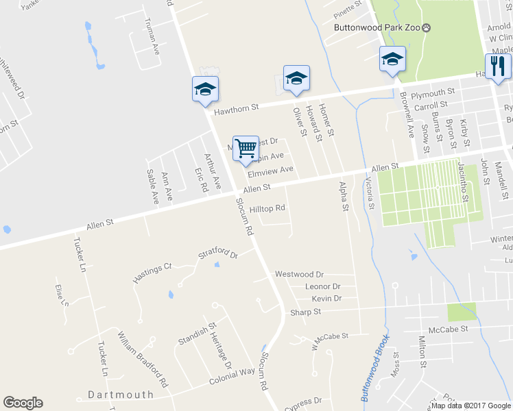 map of restaurants, bars, coffee shops, grocery stores, and more near 21 Hilltop Road in Dartmouth