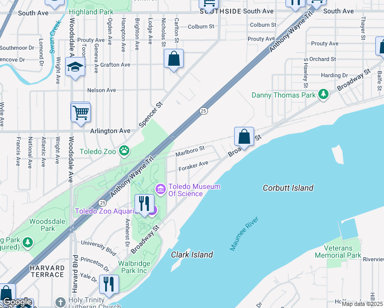 map of restaurants, bars, coffee shops, grocery stores, and more near 2547 Marlboro Street in Toledo