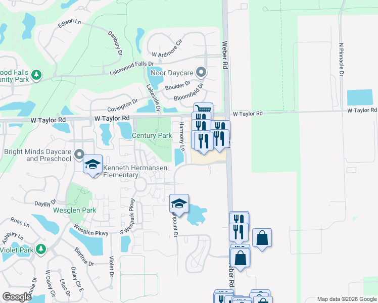 map of restaurants, bars, coffee shops, grocery stores, and more near 83 Harmony Lane in Romeoville