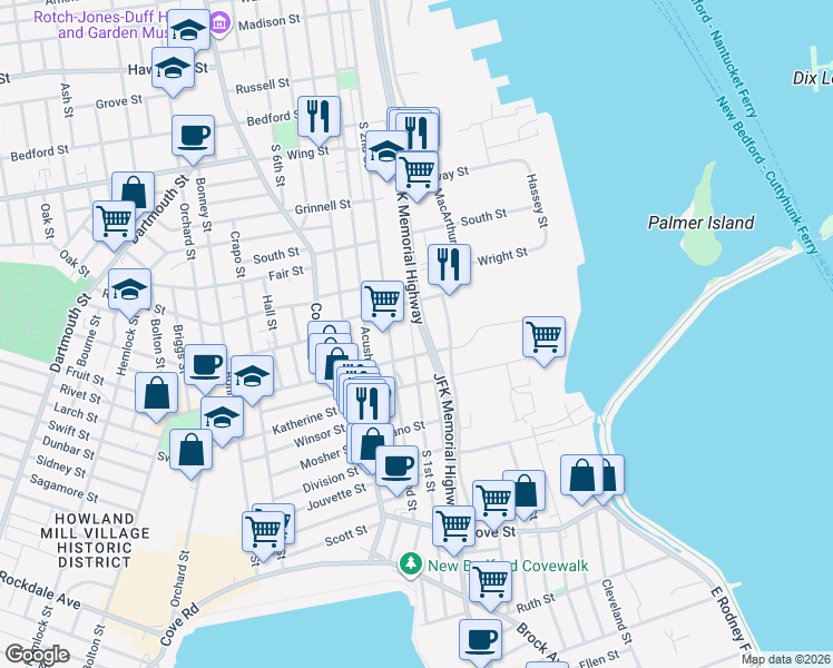 map of restaurants, bars, coffee shops, grocery stores, and more near 561 South 1st Street in New Bedford