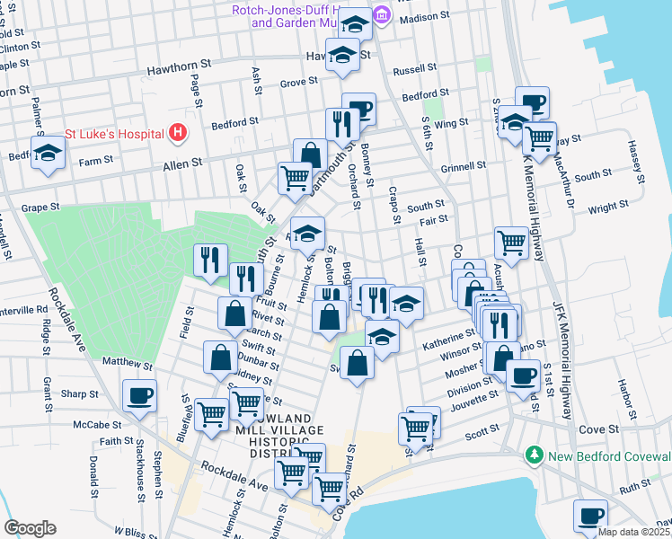 map of restaurants, bars, coffee shops, grocery stores, and more near 71 Briggs Street in New Bedford