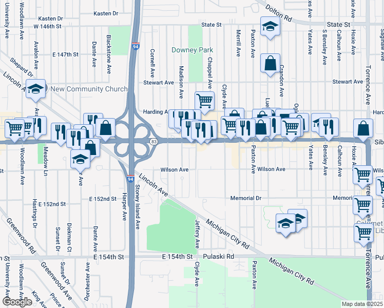 map of restaurants, bars, coffee shops, grocery stores, and more near 505 Madison Avenue in Calumet City