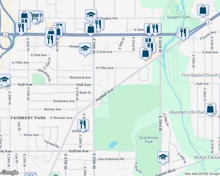 map of restaurants, bars, coffee shops, grocery stores, and more near 3015 Hull Avenue in Des Moines