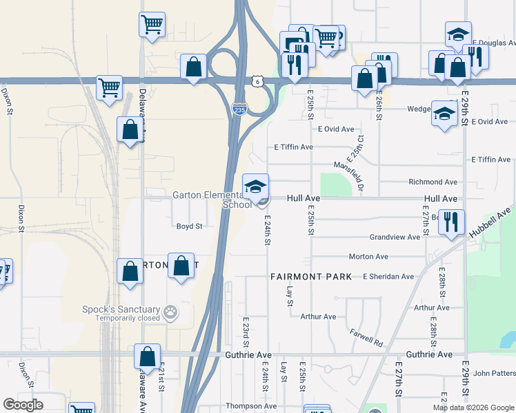 map of restaurants, bars, coffee shops, grocery stores, and more near 2820 East 24th Street in Des Moines