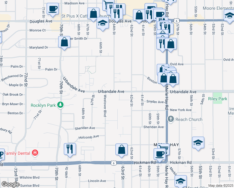 map of restaurants, bars, coffee shops, grocery stores, and more near 6400 Urbandale Avenue in Des Moines