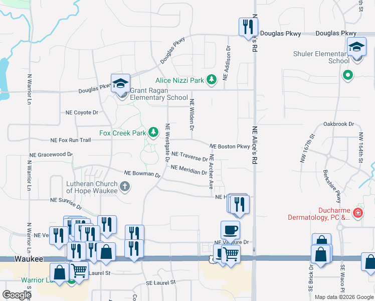 map of restaurants, bars, coffee shops, grocery stores, and more near 710 Northeast Boston Parkway in Waukee