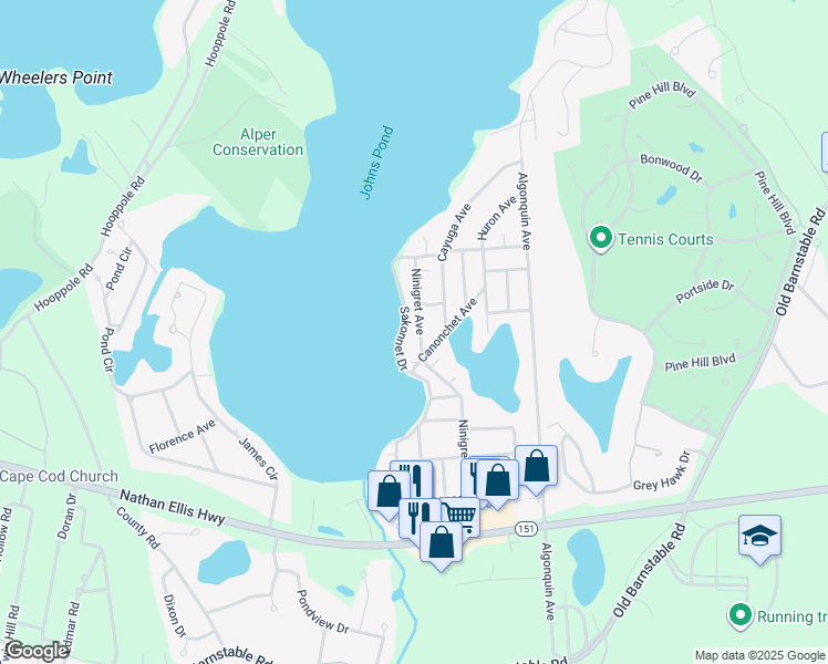 map of restaurants, bars, coffee shops, grocery stores, and more near 164 Ninigret Avenue in Mashpee