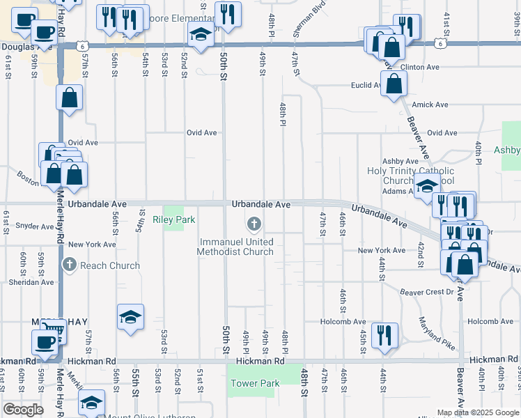 map of restaurants, bars, coffee shops, grocery stores, and more near 4900 Urbandale Ave in Des Moines