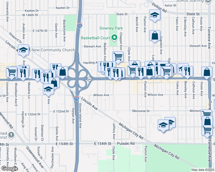 map of restaurants, bars, coffee shops, grocery stores, and more near 505 Madison Avenue in Calumet City