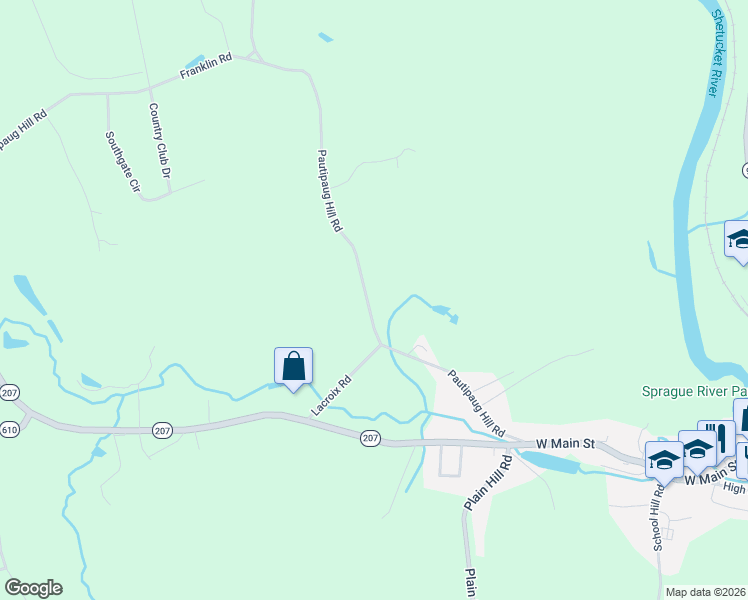 map of restaurants, bars, coffee shops, grocery stores, and more near 51 Pautipaug Hill Road in Sprague
