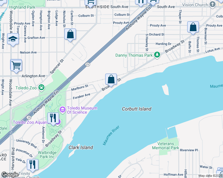 map of restaurants, bars, coffee shops, grocery stores, and more near 2463 Broadway Street in Toledo