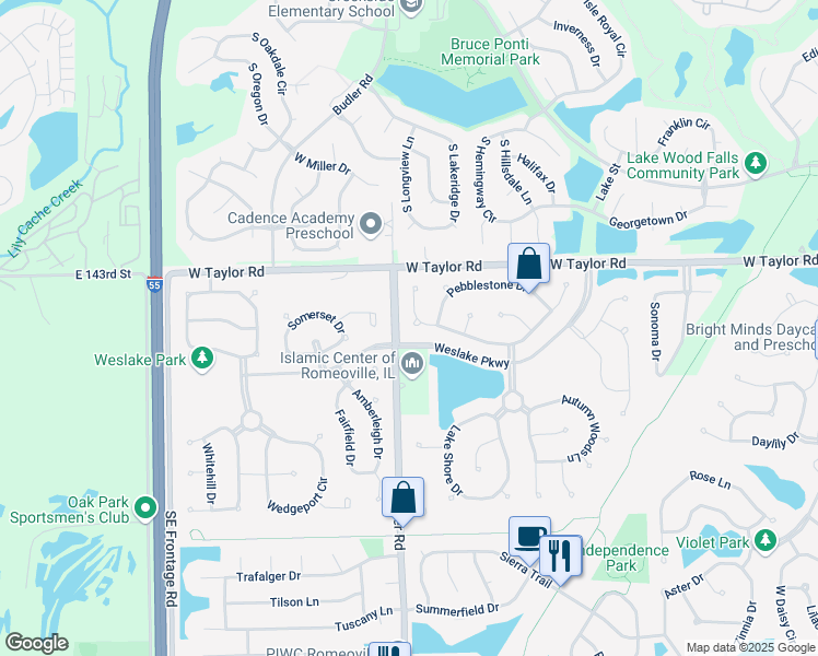 map of restaurants, bars, coffee shops, grocery stores, and more near 1869 Grassy Knoll Court in Romeoville