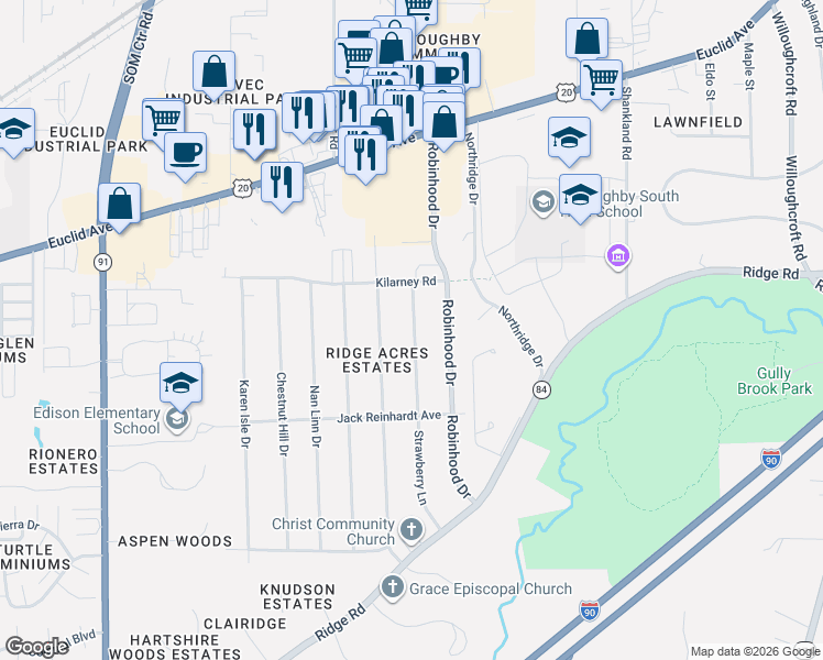 map of restaurants, bars, coffee shops, grocery stores, and more near 5123 Strawberry Lane in Willoughby