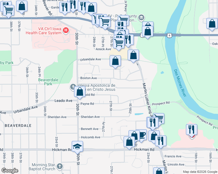 map of restaurants, bars, coffee shops, grocery stores, and more near 2704 Adams Avenue in Des Moines