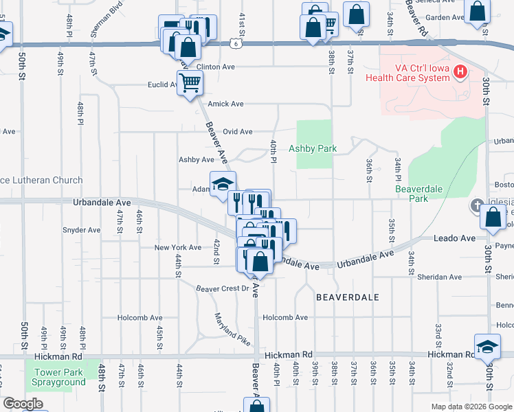 map of restaurants, bars, coffee shops, grocery stores, and more near 2929 Beaver Avenue in Des Moines
