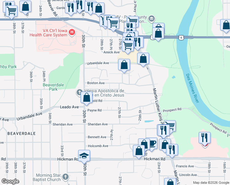 map of restaurants, bars, coffee shops, grocery stores, and more near 2704 Adams Avenue in Des Moines