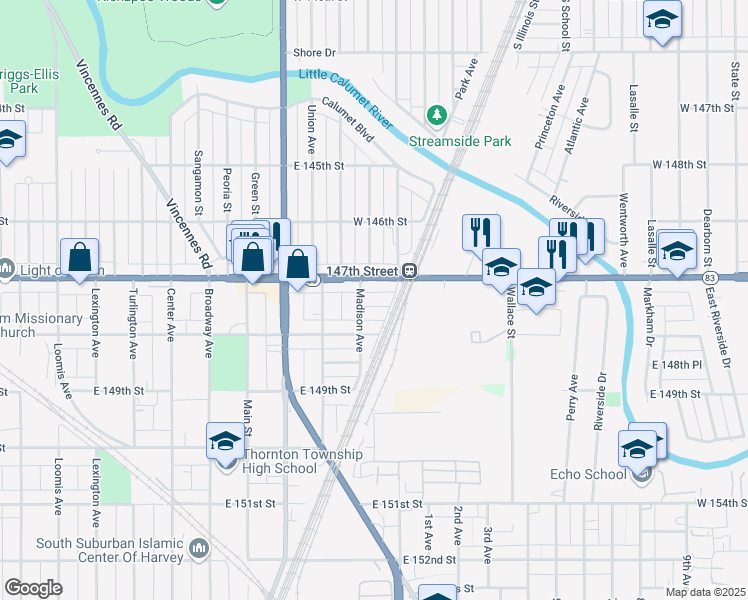 map of restaurants, bars, coffee shops, grocery stores, and more near 319 East 147th Place in Harvey